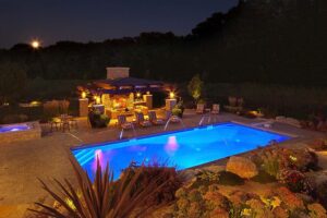 vinyl liner pool with custom water features and LED lights