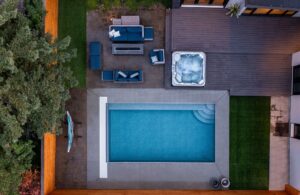 birds eye view of vinyl liner pool in a Canadian backyard